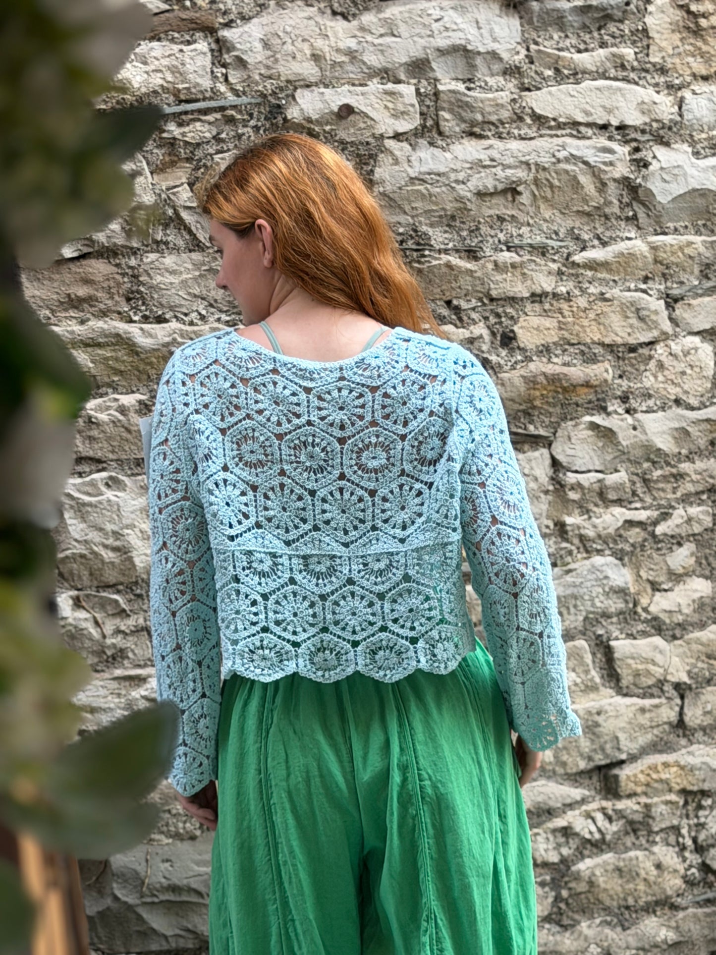 Amoki Crochet long sleeve button up top One Size Fits 6-16 in Light Mint Green/Blue