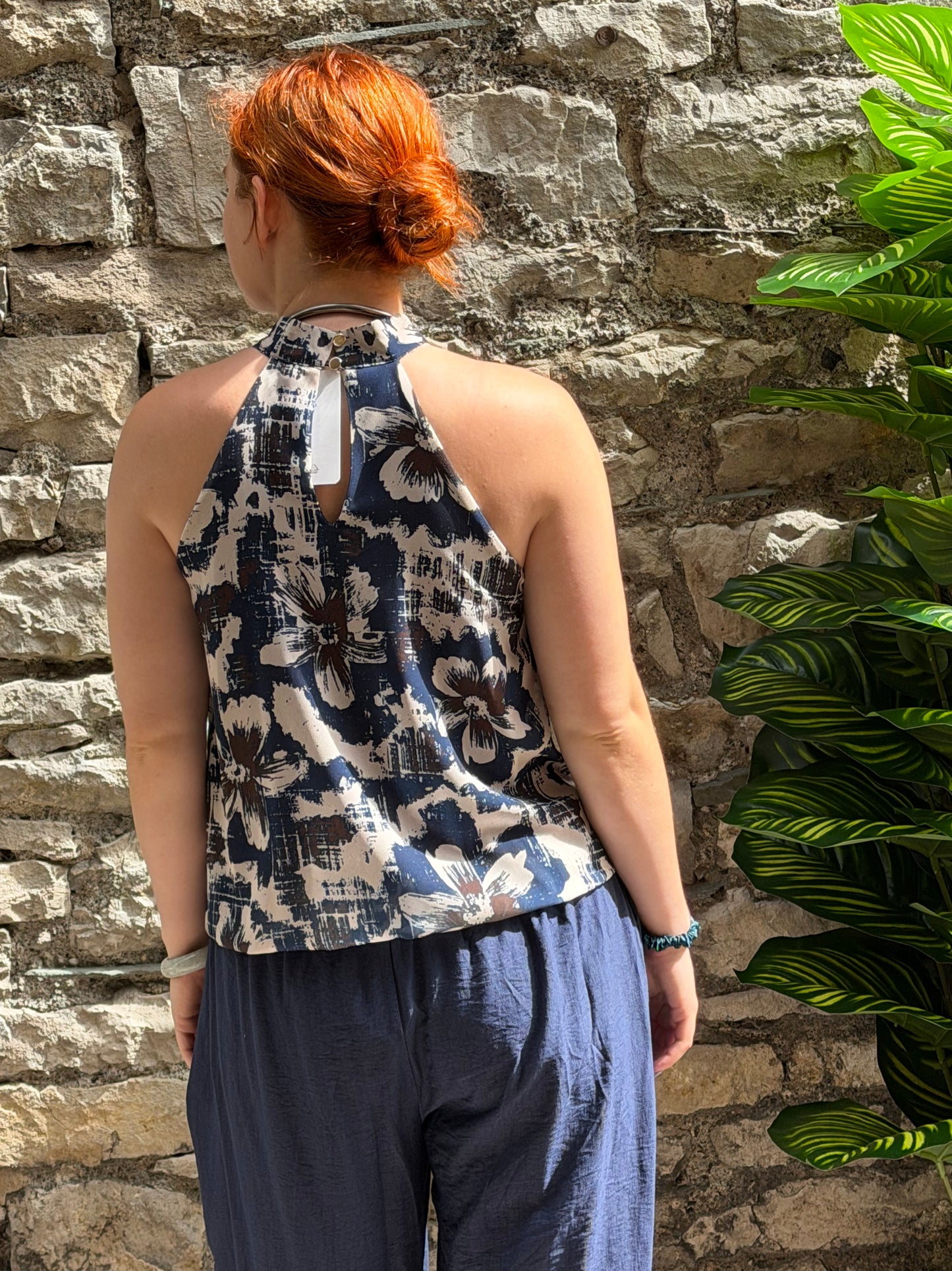 Halter neck sleeveless blouse one size fits 8-14 in blue print