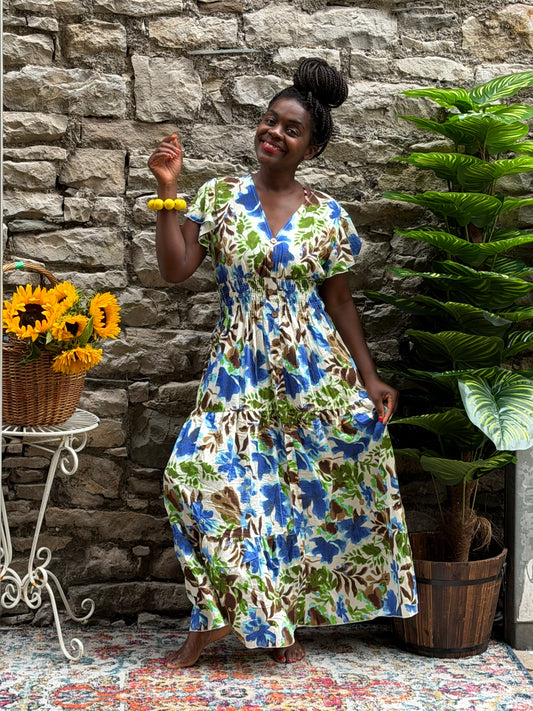 Stunning Printed Atta Dress In Maxi Length Fits Size 8-20 in blue and green