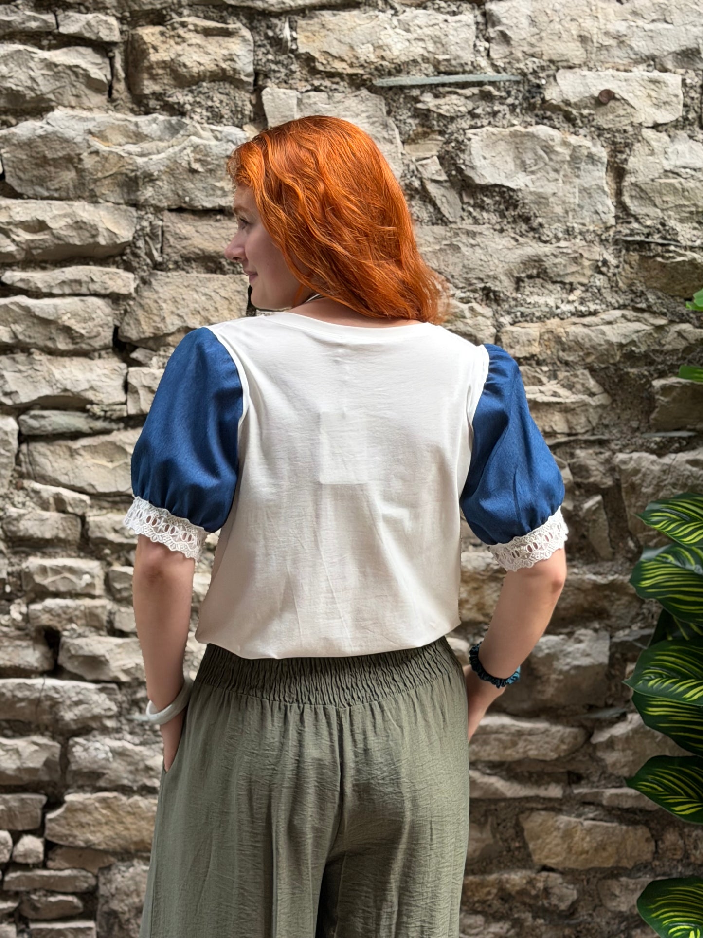 Wena Statement puff sleeve and patch pocket T-shirt one size fits 8-14 in white and blue