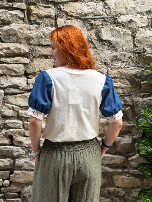 Wena Statement puff sleeve and patch pocket T-shirt one size fits 8-14 in white and blue