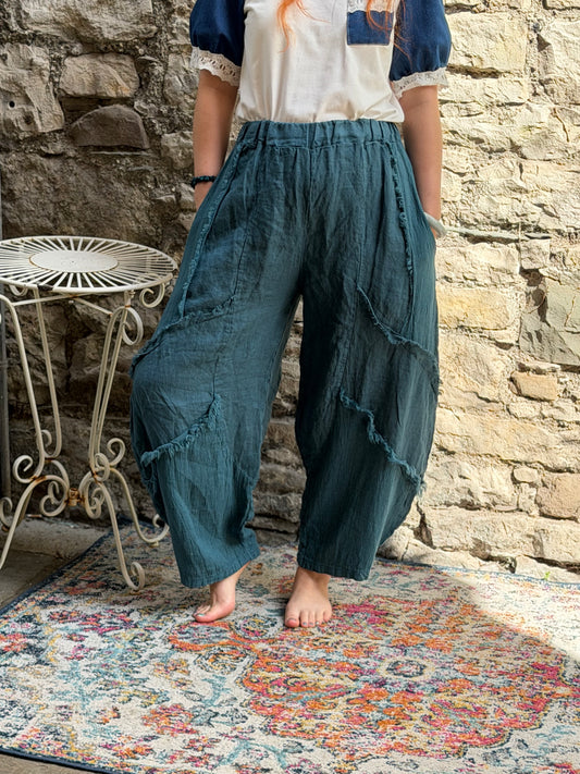 Kuiza Full linen barrel leg trousers one size fits 8-18 in petrol blue
