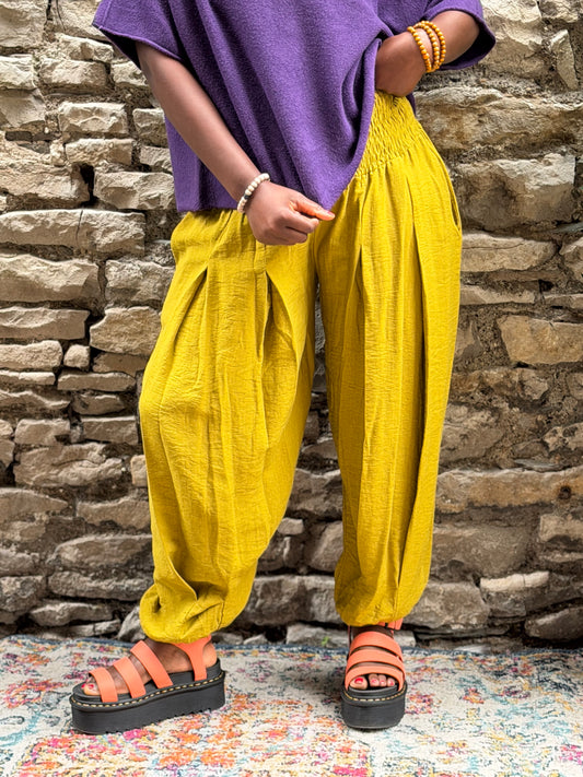 Amoki ruched waist and cuff Crinkle Fully Elasticated Floaty Trousers One Fit Size 8-18 in mustard yellow