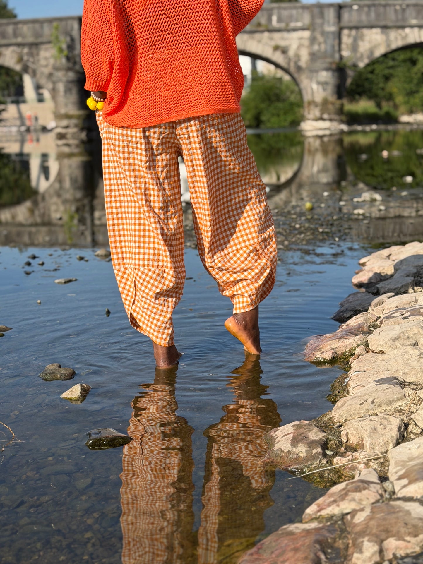 Tama Gingham Barrel Trousers With patch pockets and Lapped Hem In Baby Orange /White One Size Fits Size 8-16