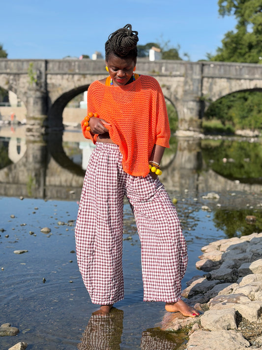 Tama Gingham Barrel Trousers In Aubergine/White One Size Fits Size 8-18