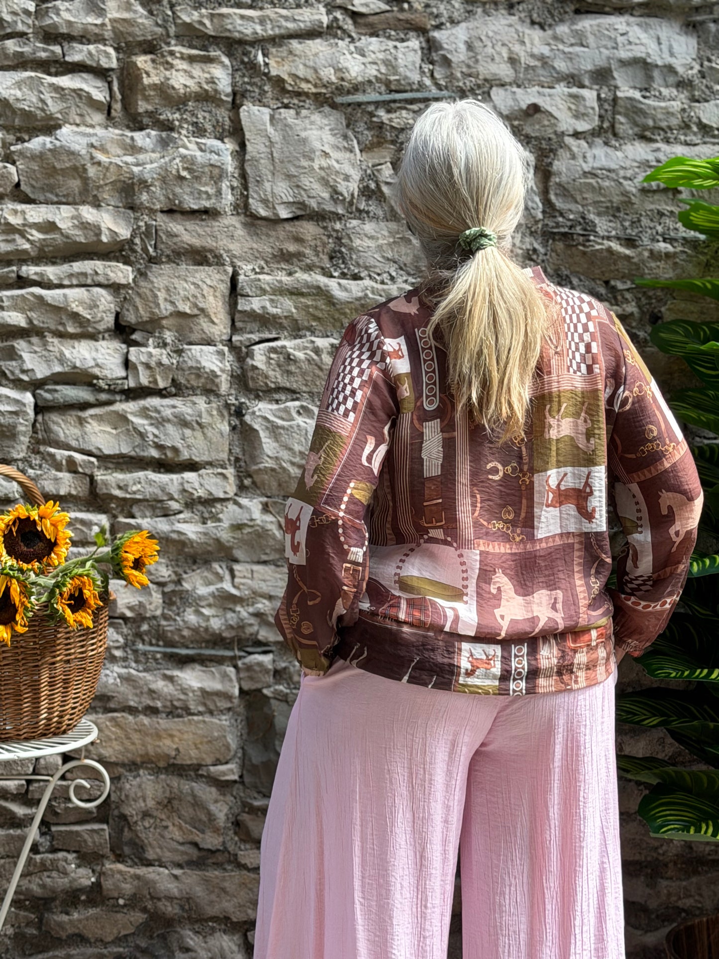 Sheer bomber jacket with draw string waist one size fits 8-16 in horse print