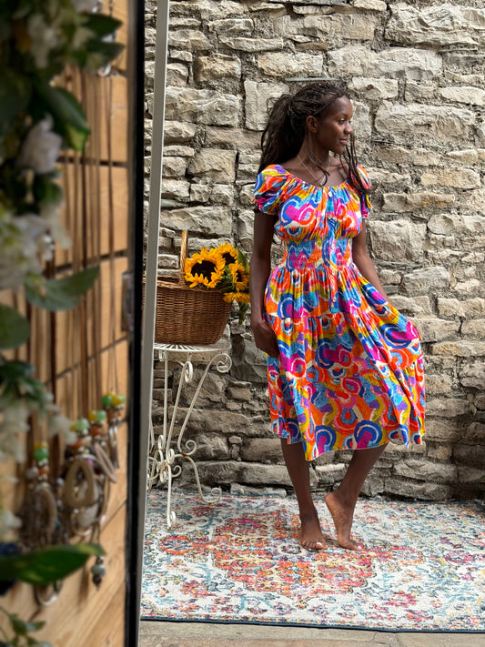 Stunning Printed Atta Dress In MIDI Length Fits Size 8-20