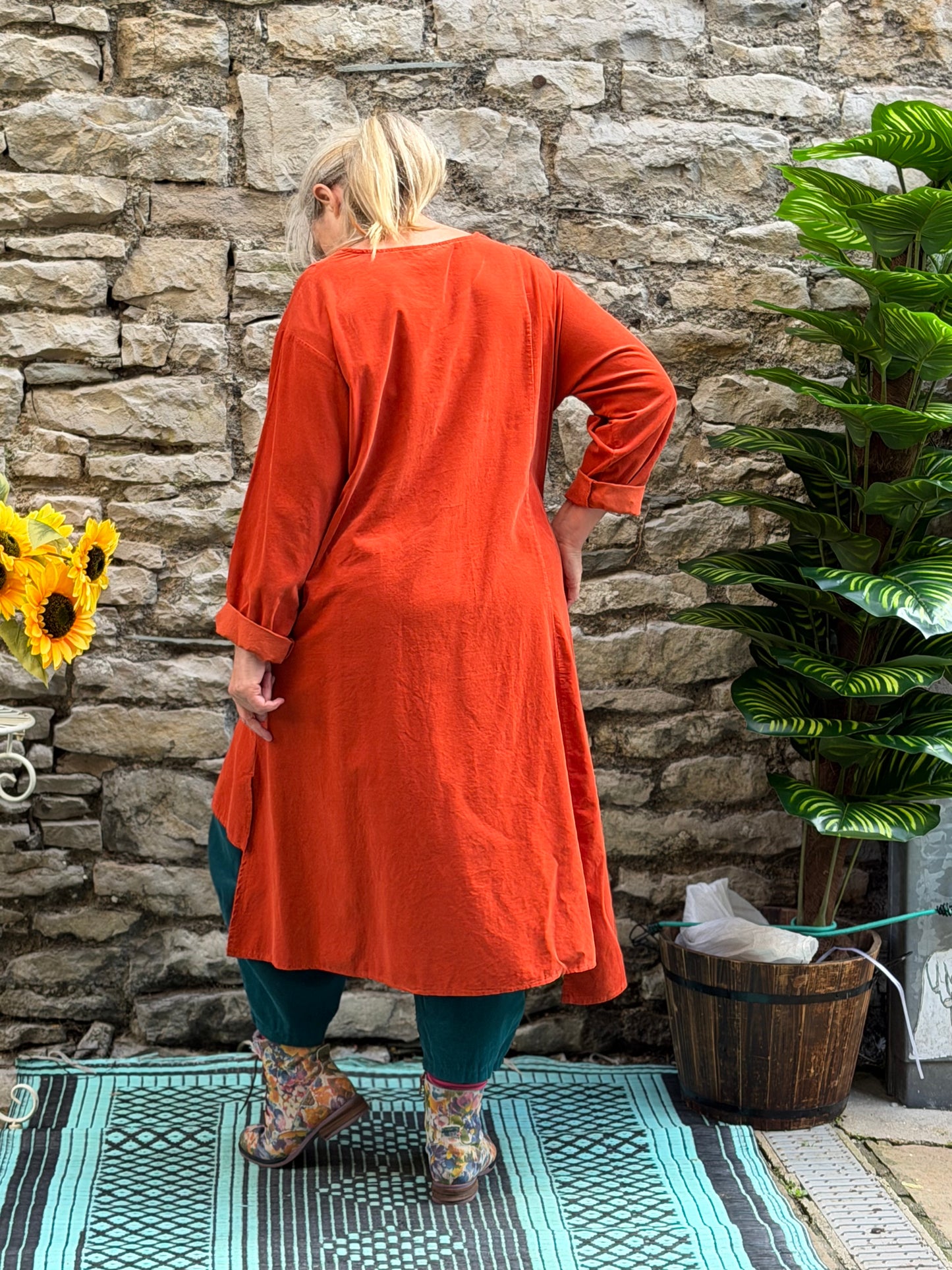 Lagenlook Stunning Orange Cord Two Pockets Dress High-Low Hemline One Size Fits Size 10-18