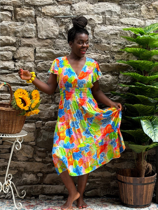Stunning Printed Atta Dress In MIDI Length Fits Size 8-20 in bright floral