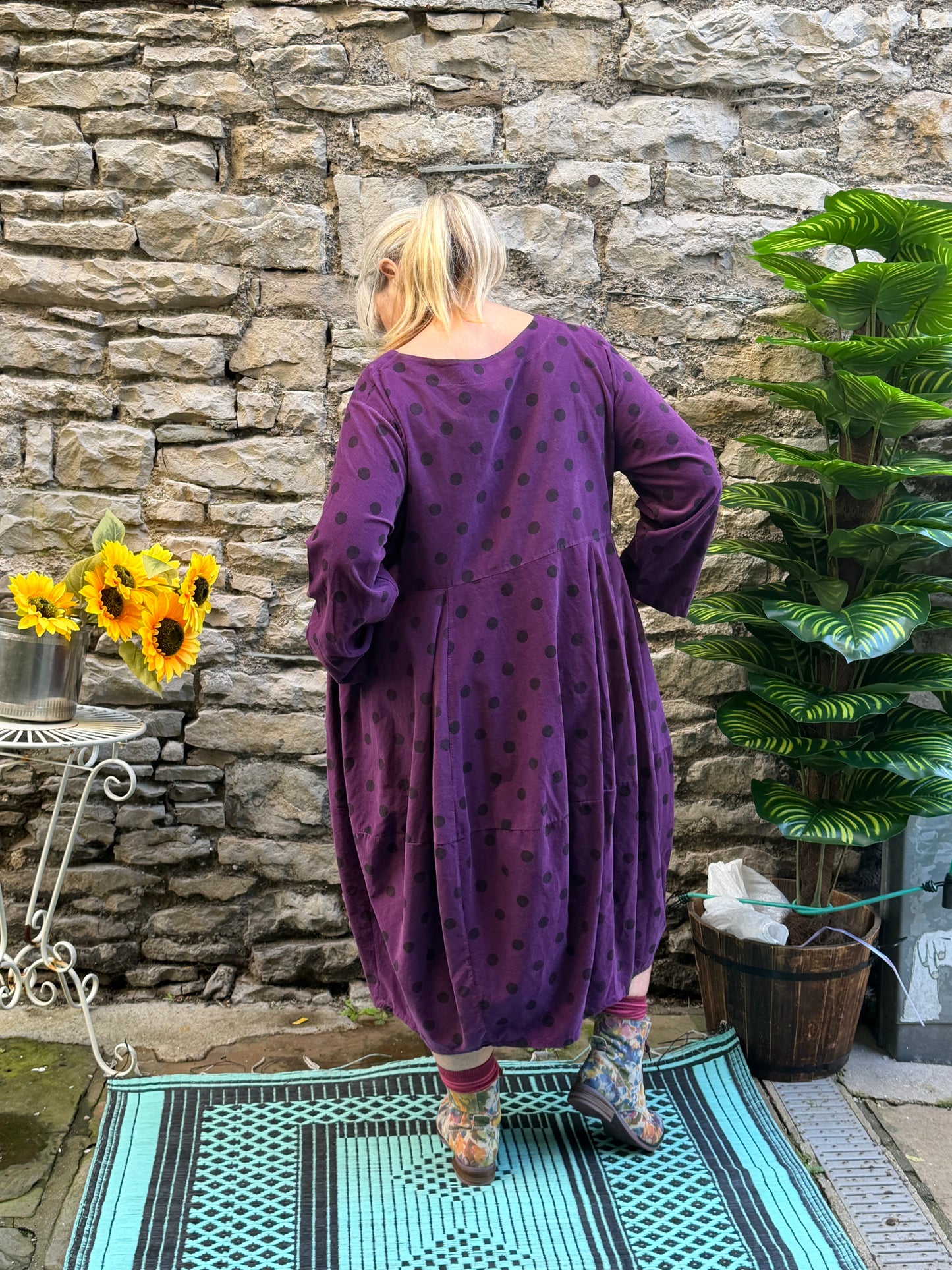 Lagenlook Stunning Purple and Black Spotty Cord Two Pockets Dress With Balloon Skirt One Size Fits Size 10-18