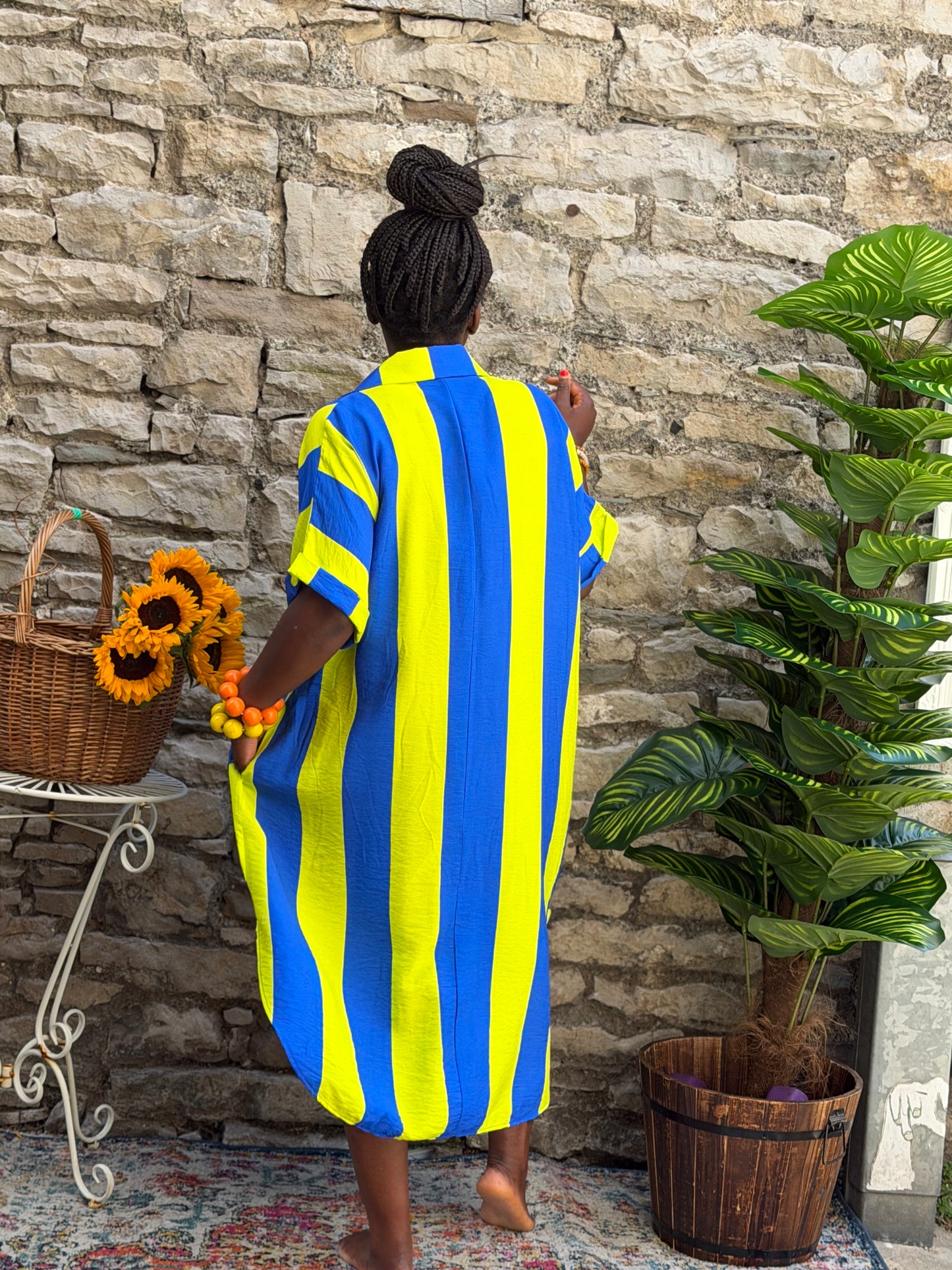 Striped shirt dress in one size fit 8-22 in neon green and blue