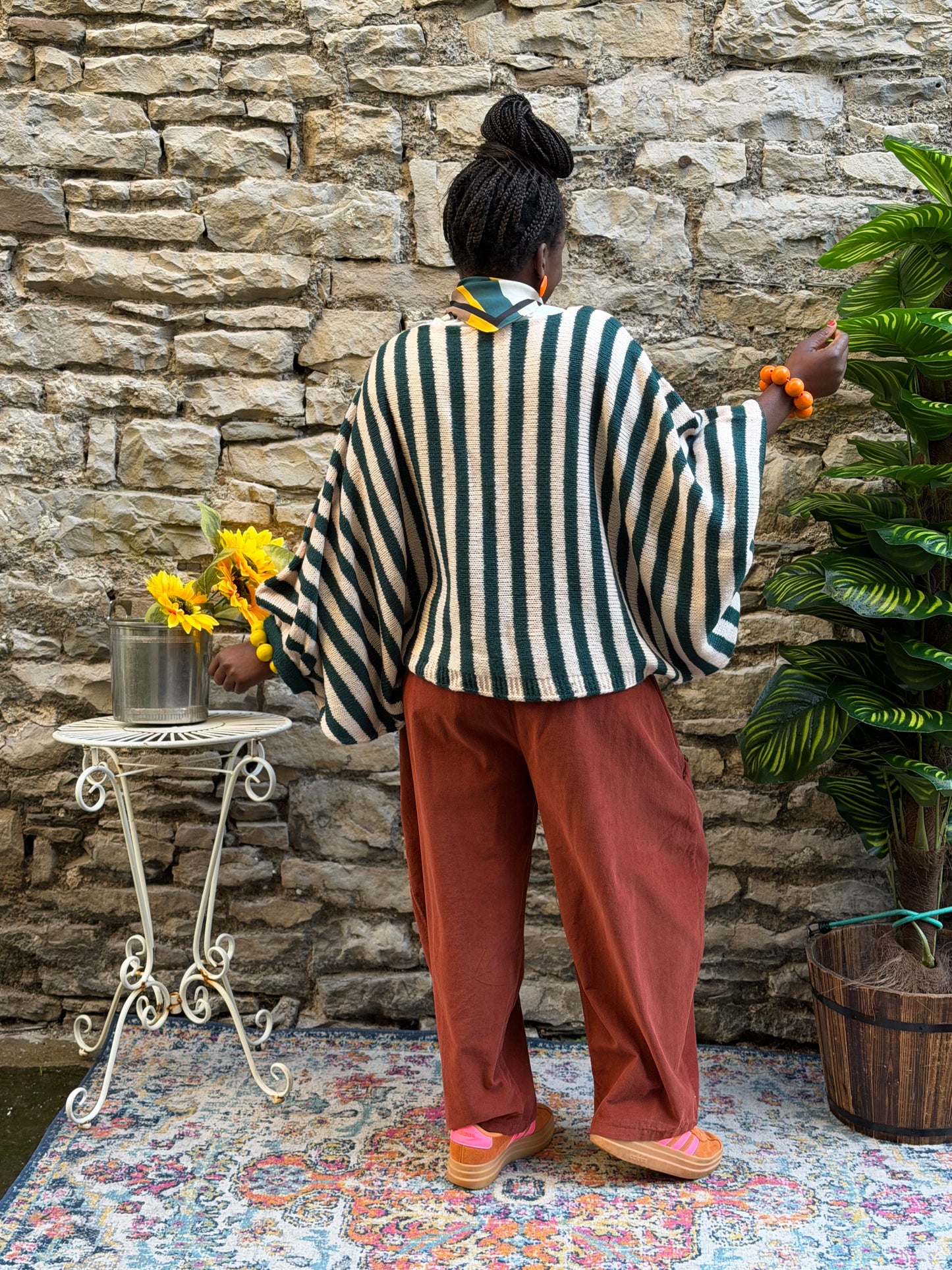 Stunning Kiwaza Striped Jumper With Puff Sleeves In Beige and Green