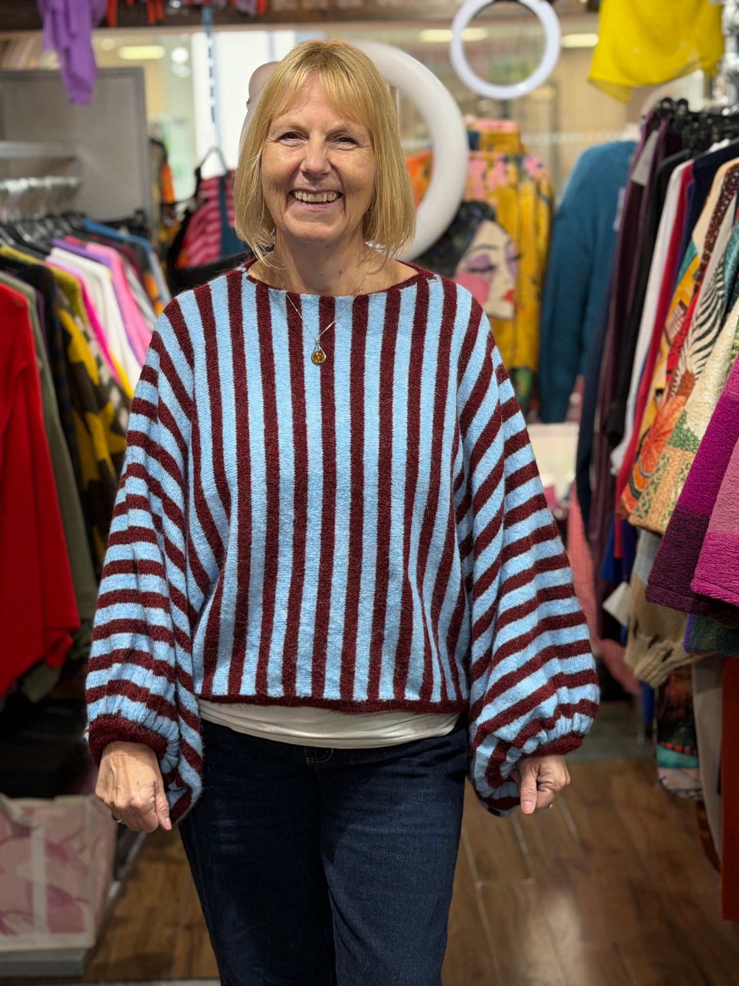 Stunning Kiwa Striped Jumper With Puff Sleeves In Wine Red and Blue