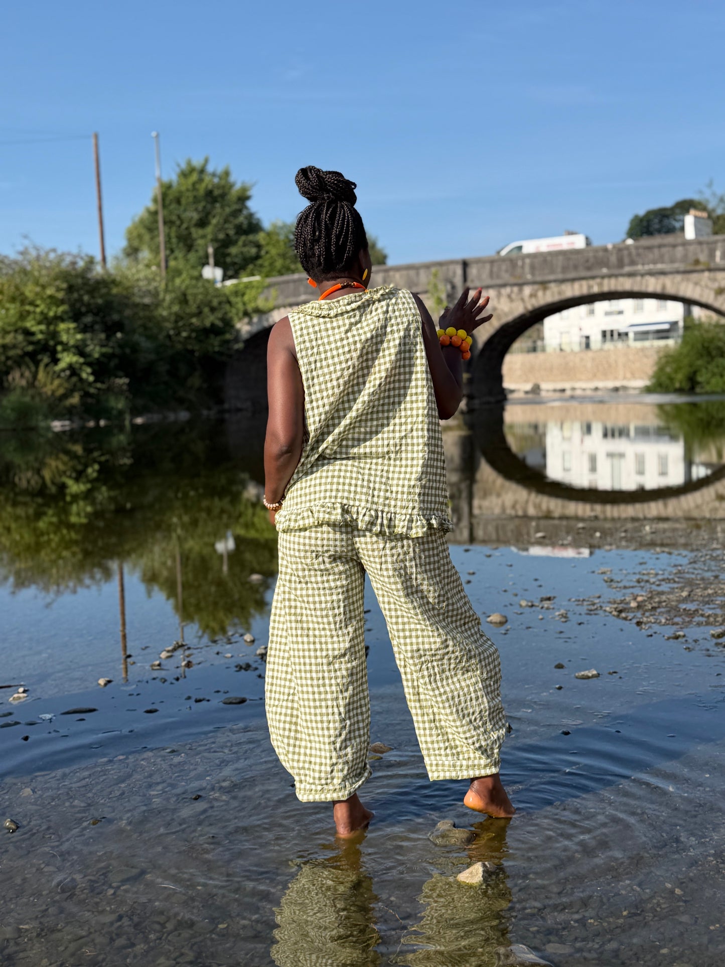 Tama Gingham Barrel Trousers In Olive/White One Size Fits Size 8-18