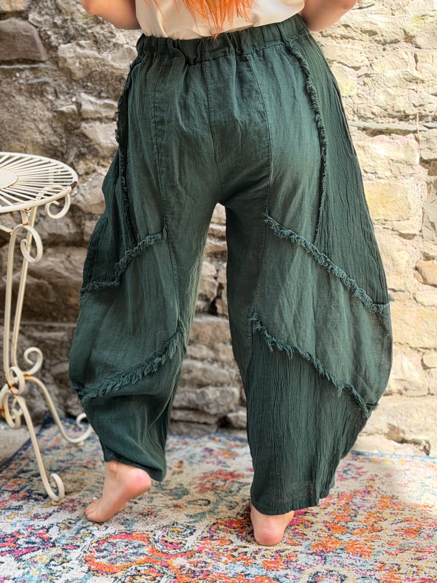 Kuiza Full linen barrel leg trousers one size fits 8-18 in bottle green