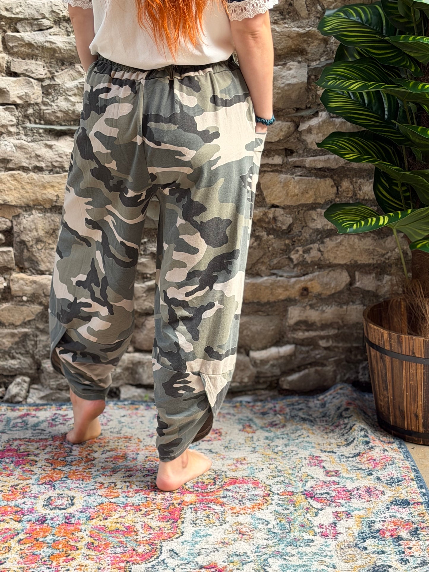 Jersey barrel leg trousers in camo print one size fits 8-16