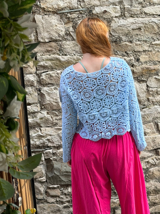 Amoki Crochet long sleeve button up top One Size Fits 6-16 in Light Blue
