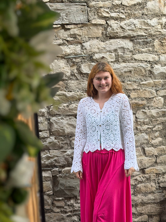 Amoki Crochet long sleeve button up top One Size Fits 6-16 in White