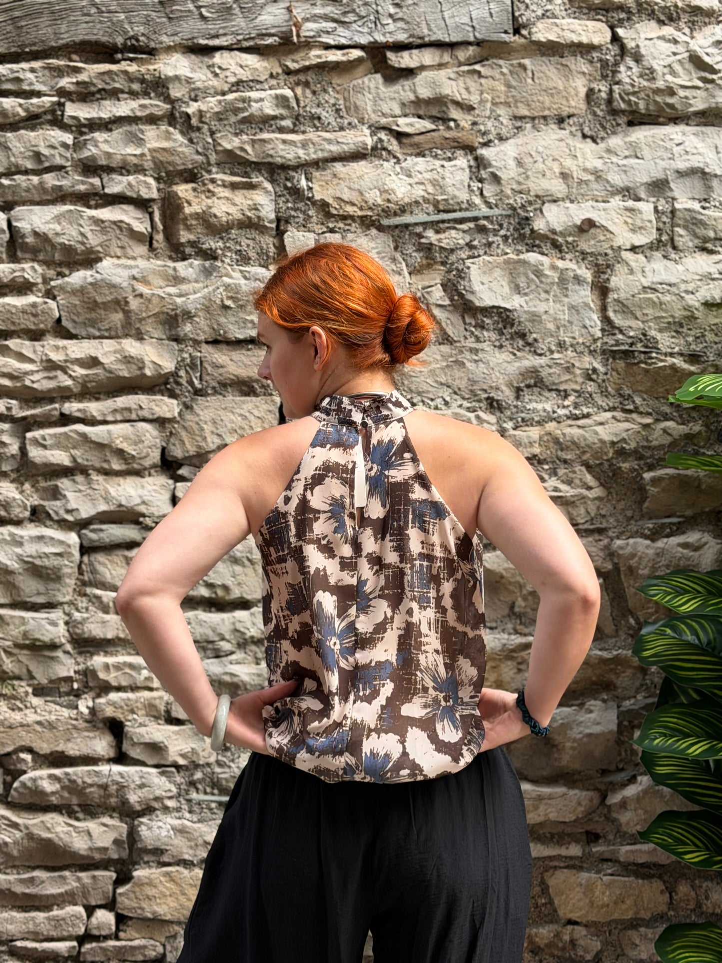 Halter neck sleeveless blouse one size fits 8-14 in brown print