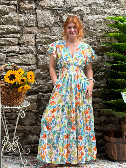 Stunning Printed Atta Dress In Maxi Length Fits Size 8-20 in teal and orange print