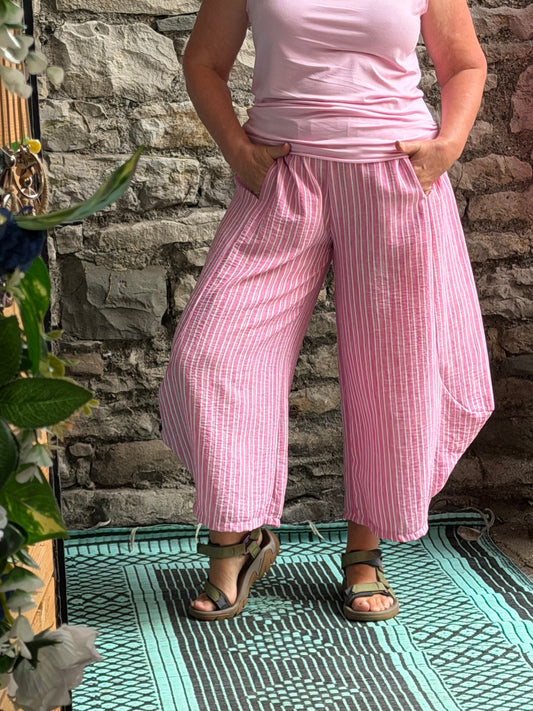 One Size Striped Comfy Kemo Barrel Trousers In Pink Fits Size 10-18