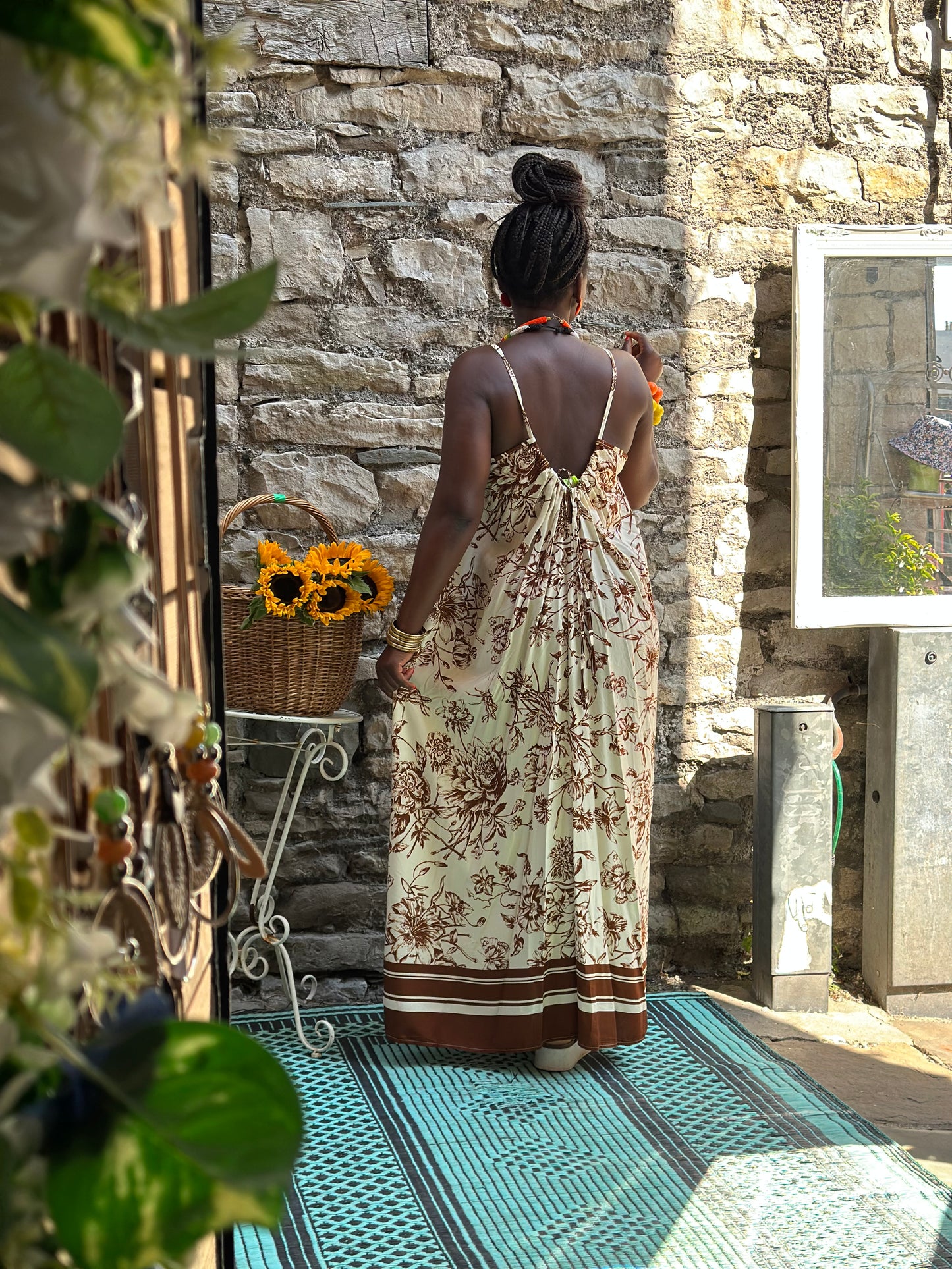 Lele Cinch Back Full Length Maxi Dress One Size Fits 8-18 in Brown Print