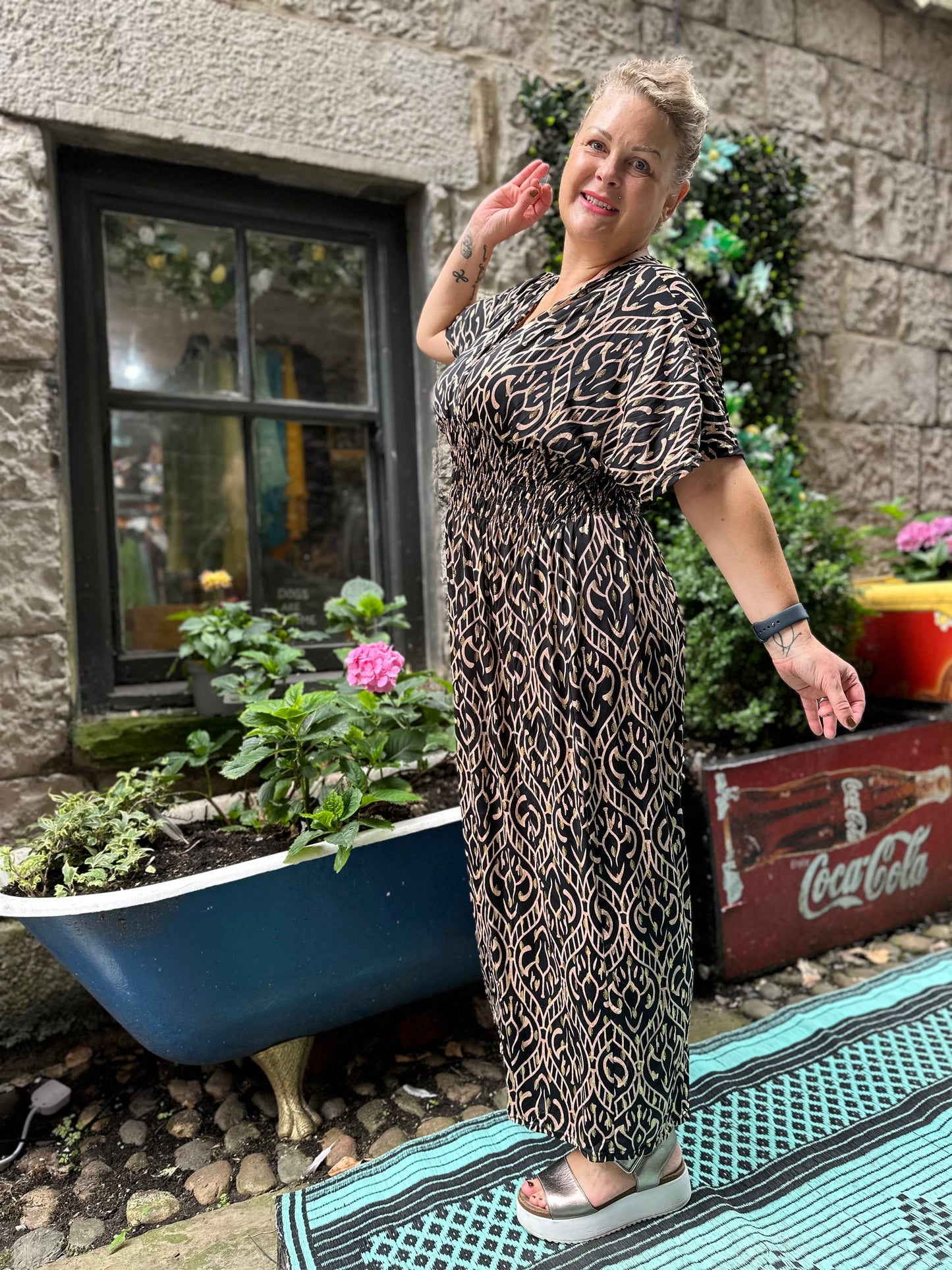 Tina Heart Stunning Black and Gold Printed Maxi Dress Fits Size 10-26