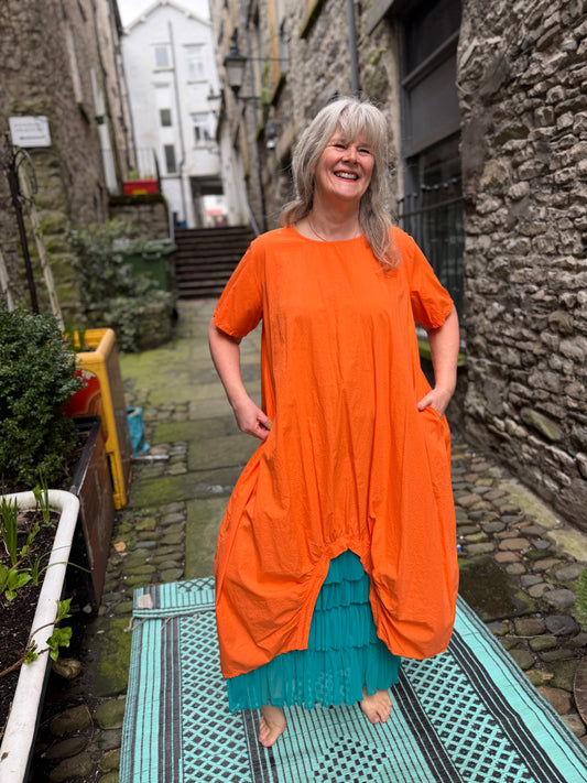 Lagenlook Stunning High/Low Sleeve Jersey Dress In Orange One Size Fits 14-20