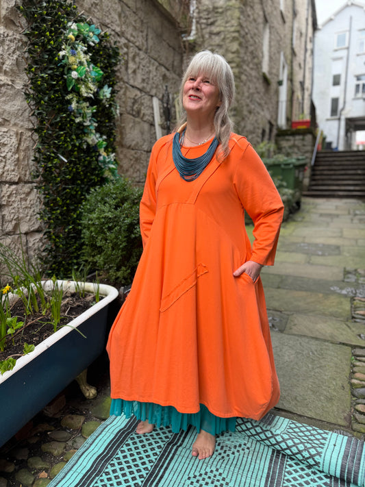 Lagenlook Stunning Long Sleeve Jersey Dress In Orange One Fit Size 14-20