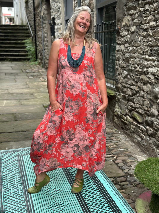 Stunning Floral Pure Linen AKouma Dress with Pockets Cocoon Fits Size 12-20
