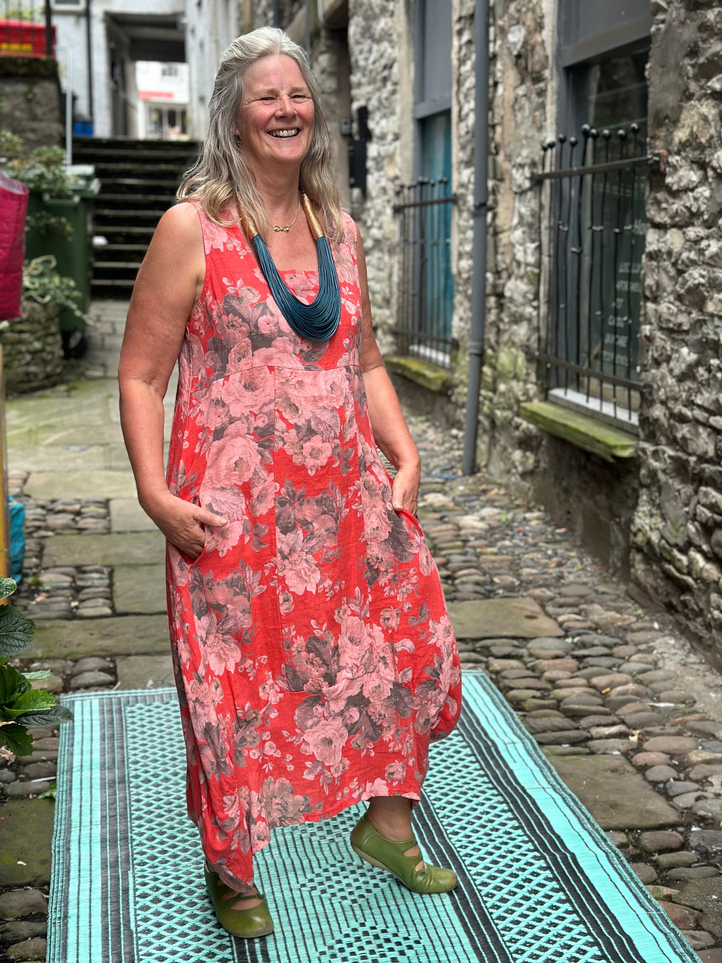 Stunning Floral Pure Linen AKouma Dress with Pockets Cocoon Fits Size 12-20