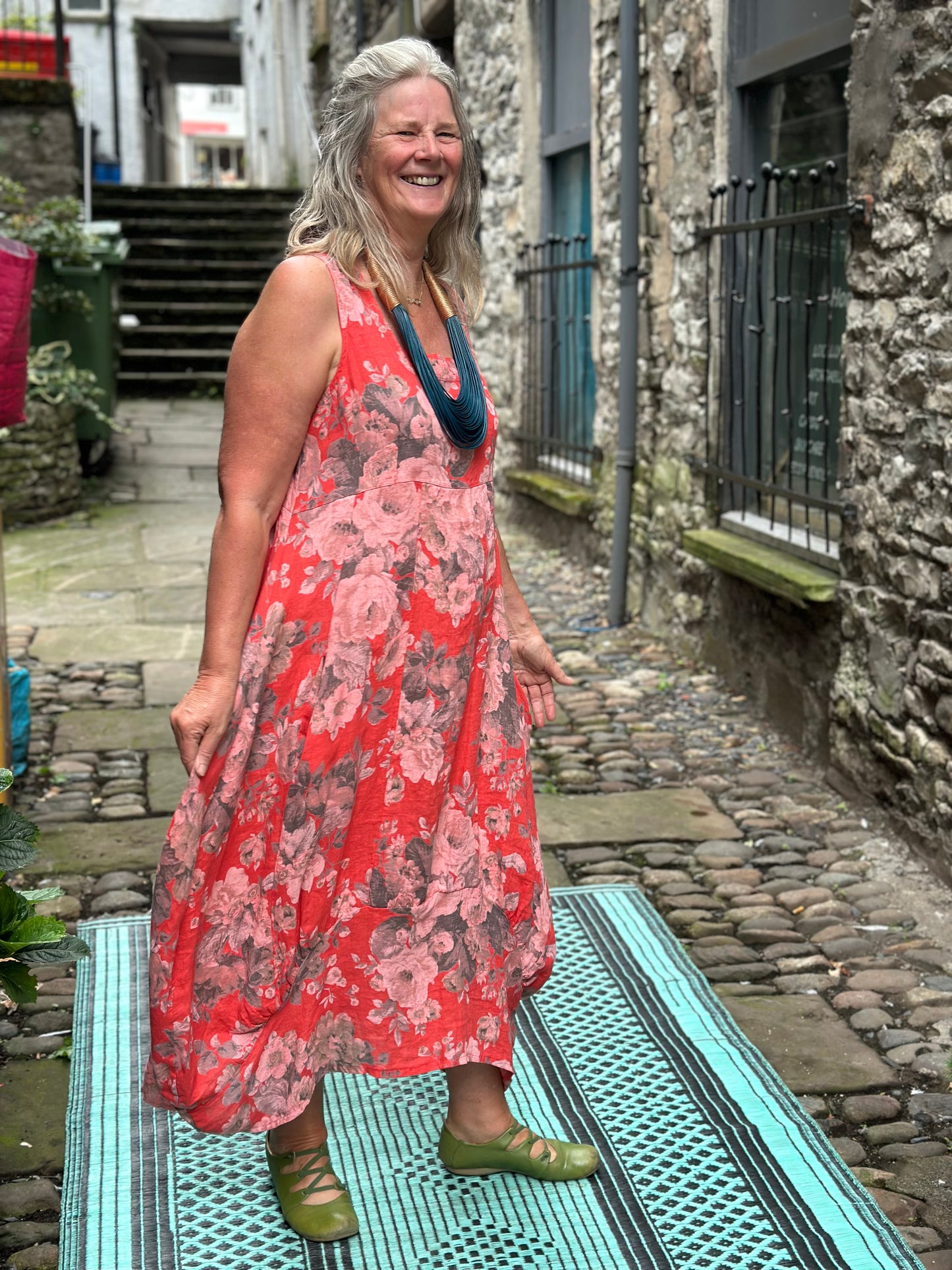 Stunning Floral Pure Linen AKouma Dress with Pockets Cocoon Fits Size 12-20