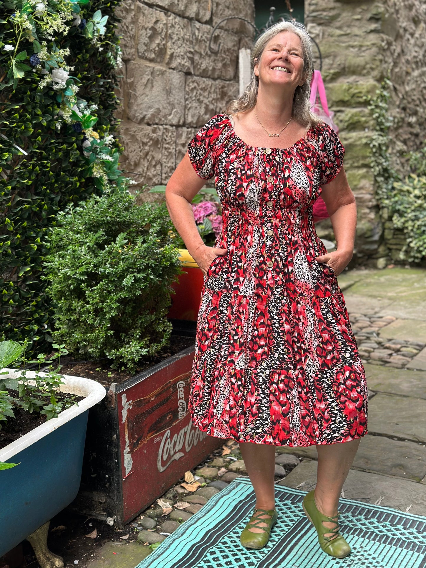 Red Atta Dress In Midi Length Fits Size 8-20.