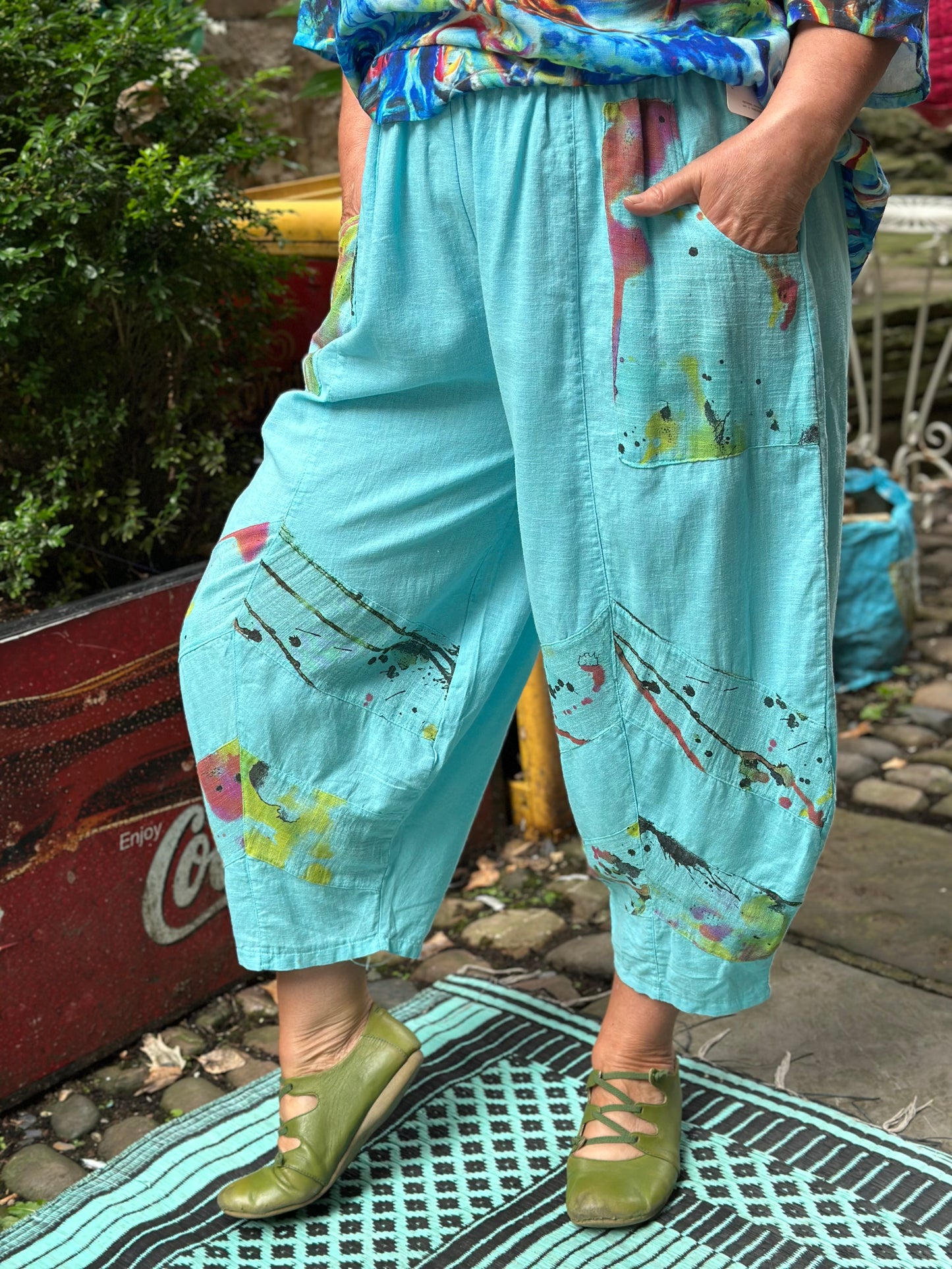 Plus Size Balloon Linen Trousers In Teal Fits Size 12-24