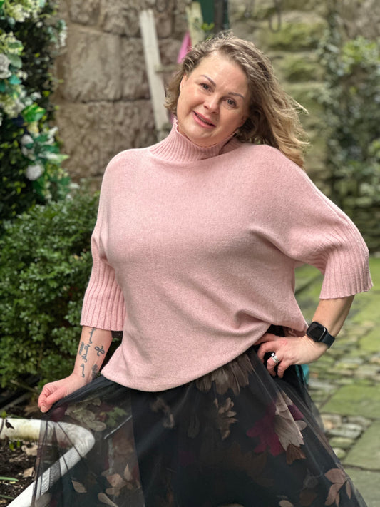 Stunning Ayana knitted Ribbed Neck Jumper In Rose Pink Size 8-20