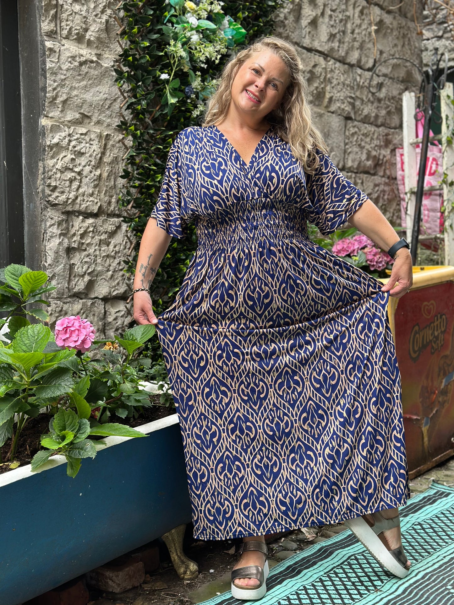 Tina Heart Stunning Navy and Gold Printed Maxi Dress Fits Size 10-26