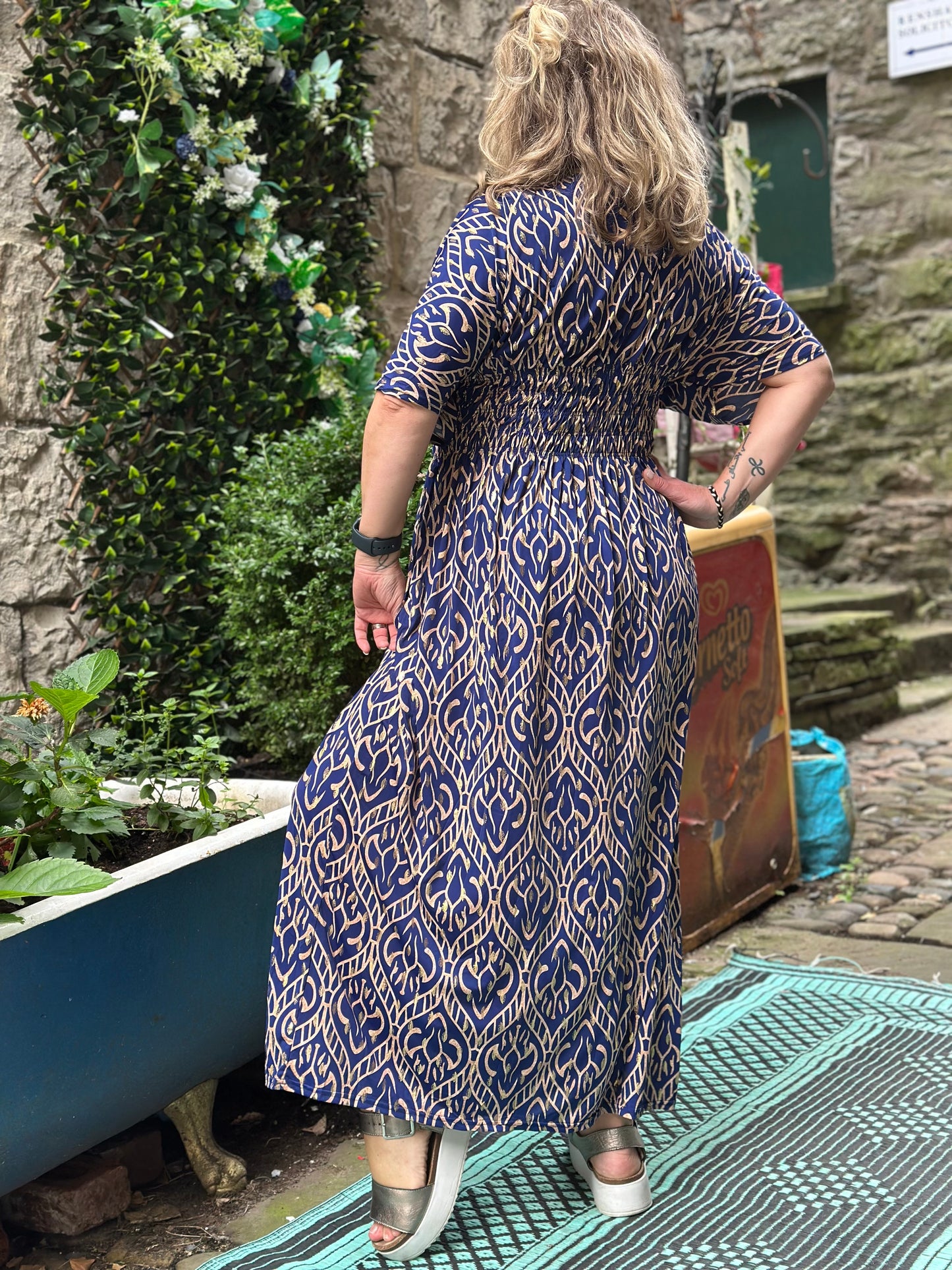 Tina Heart Stunning Navy and Gold Printed Maxi Dress Fits Size 10-26
