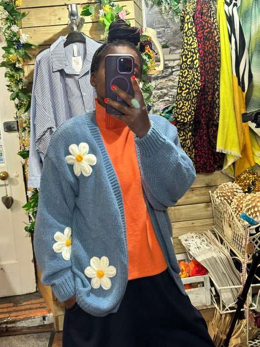 Stunning Soft Knit Daisy Moo Cardigan In Denim Blue Size S/M