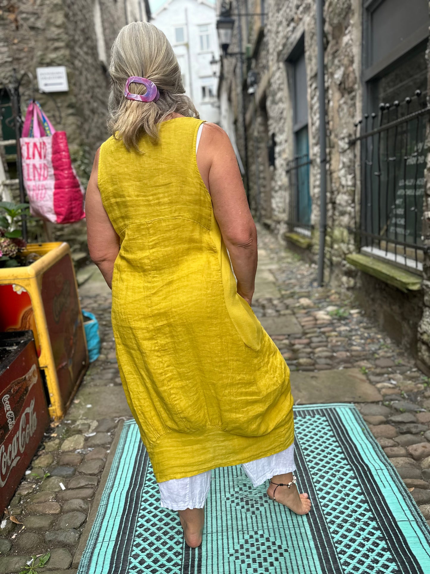 Stunning Mustard Pure Linen AKouma Dress with Pockets Cocoon Fits Size 10-18