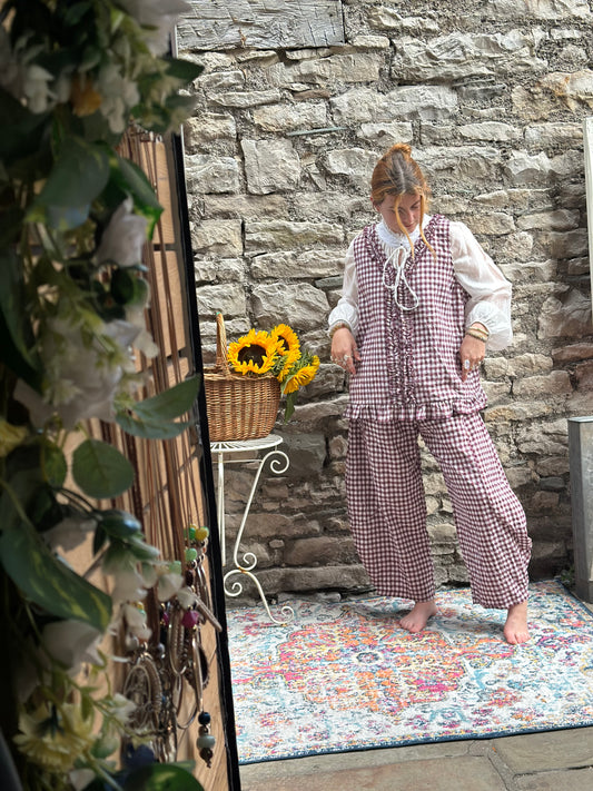 Tama Gingham Barrel Set Top And Trousers In aubergine One Size Fits Size 8-18 (worn over one of our airy blouses)