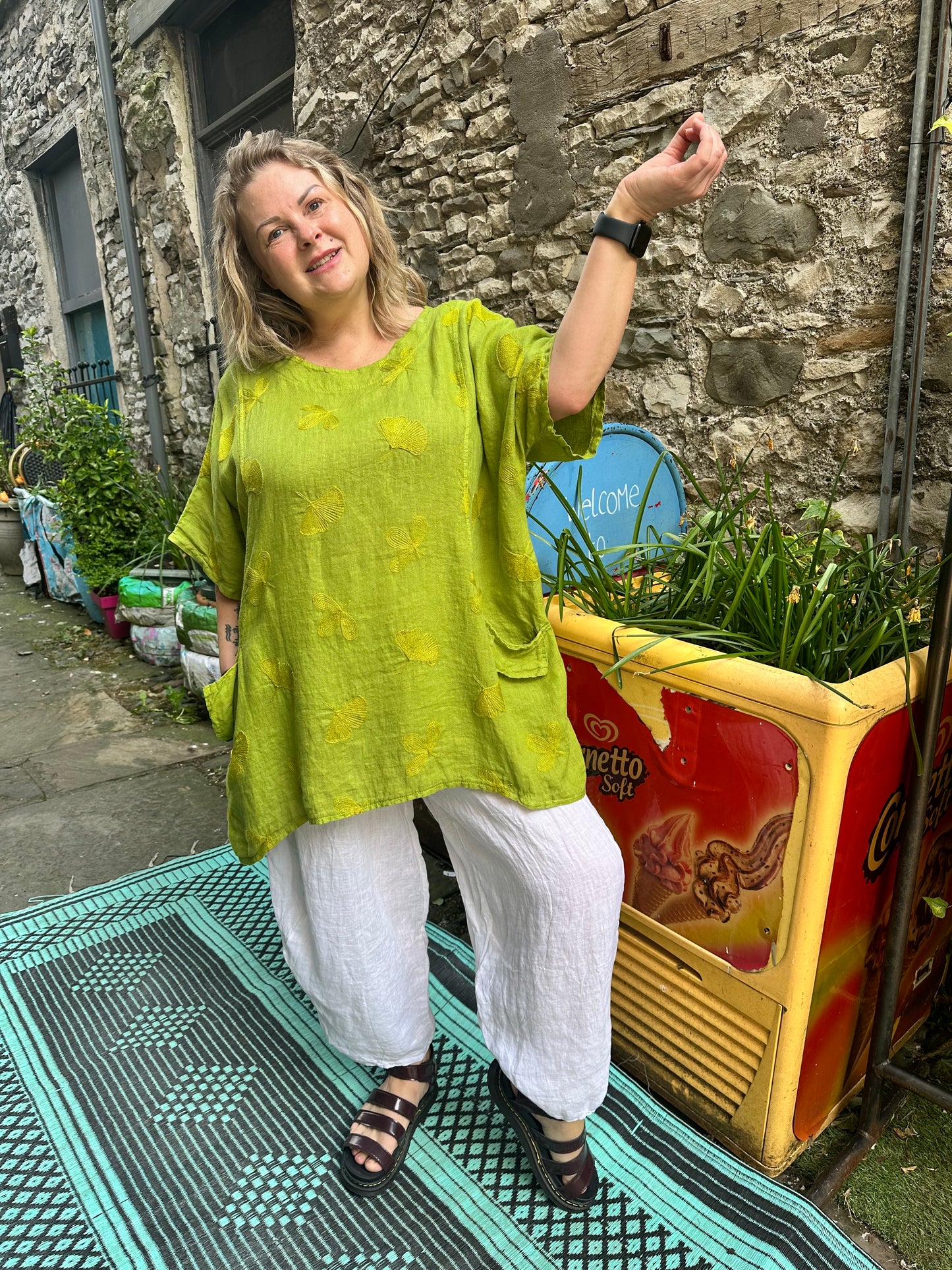 Pure Linen Embroidered Top In vibrant Apple Green Colour Fits Size 8-20