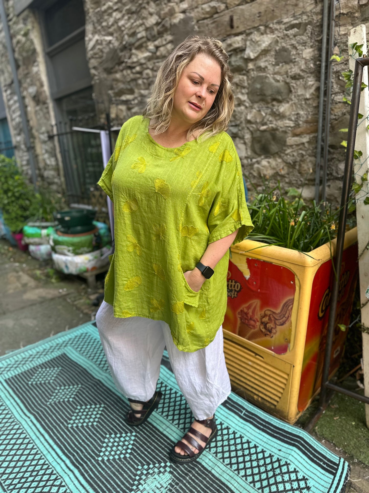 Pure Linen Embroidered Top In vibrant Apple Green Colour Fits Size 8-20