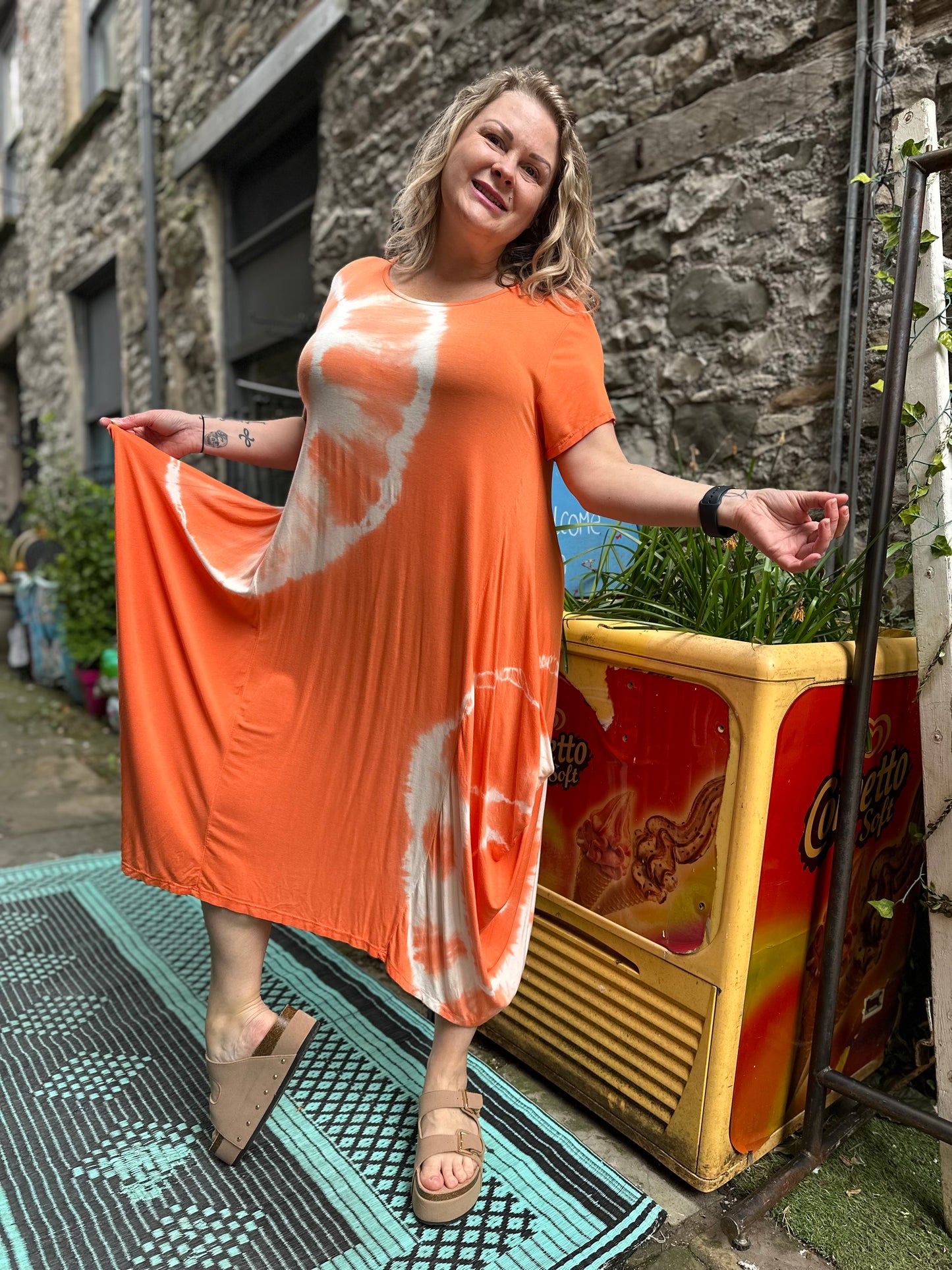 Made Italy Kodo Tie Dye Orange Dress Fit Size 10-24