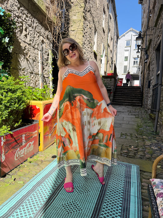 Stunning Silk Effect Orange Mix Venetian Dress Fits Size 10-18 S