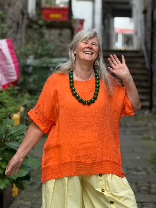 Pure Linen Mesh Detail Top One Size Will comfortably fit sizes 12–20 In Orange