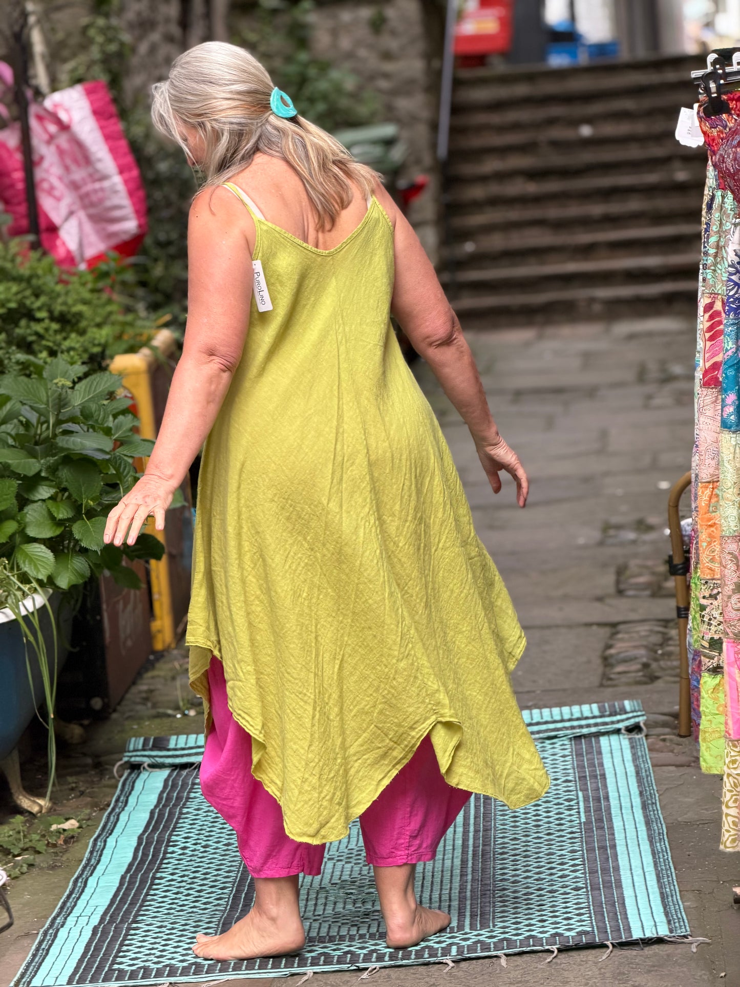 Pure Linen High and Low Hemline Dress In Avocado Green Size 10-18