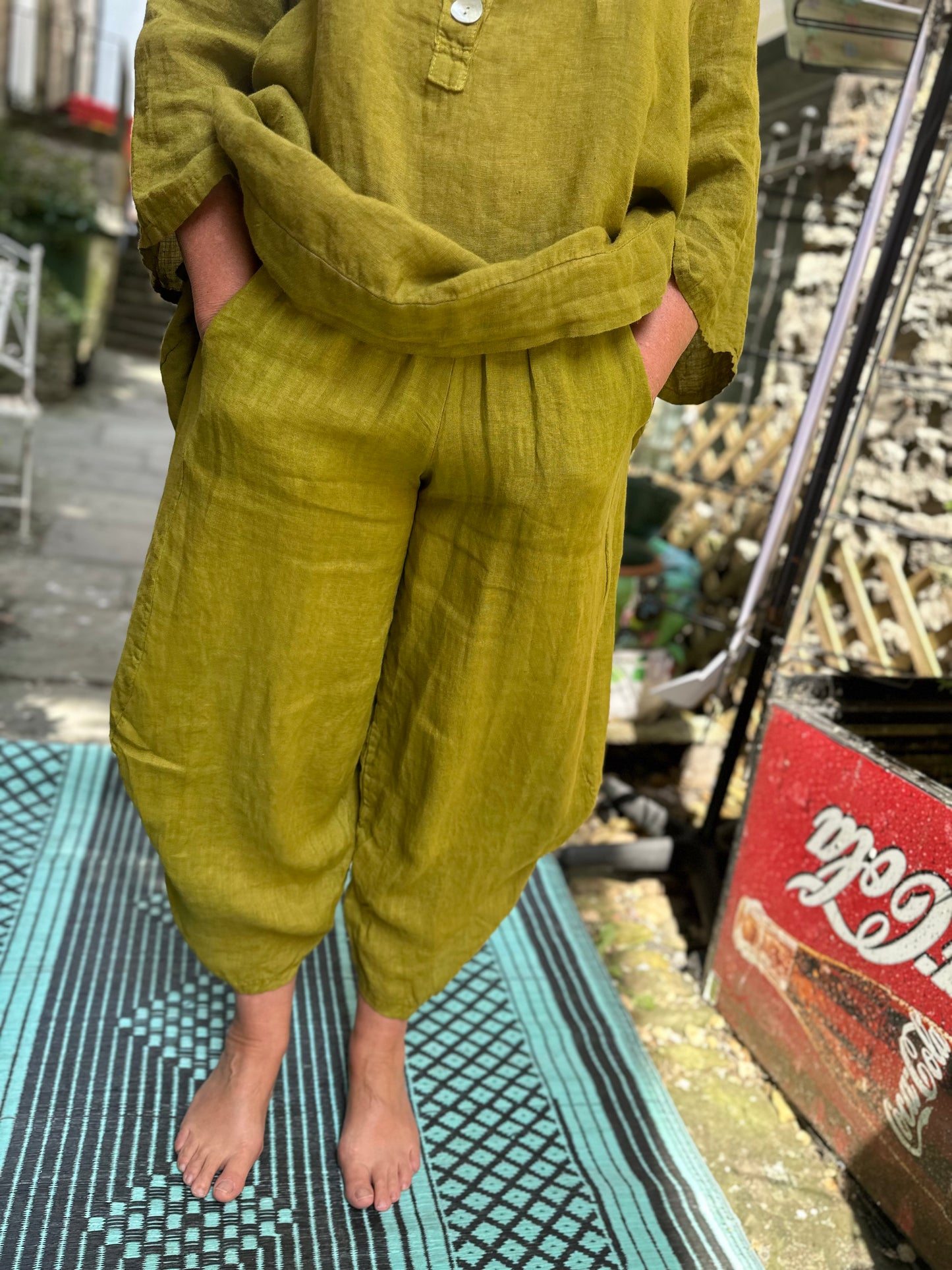 Pure Linen Olive Green Kuiza Trousers Size 8-20