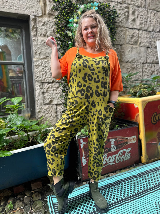 Animal Print Soft Kibou Dungarees In Mustard Fits Size 8-16