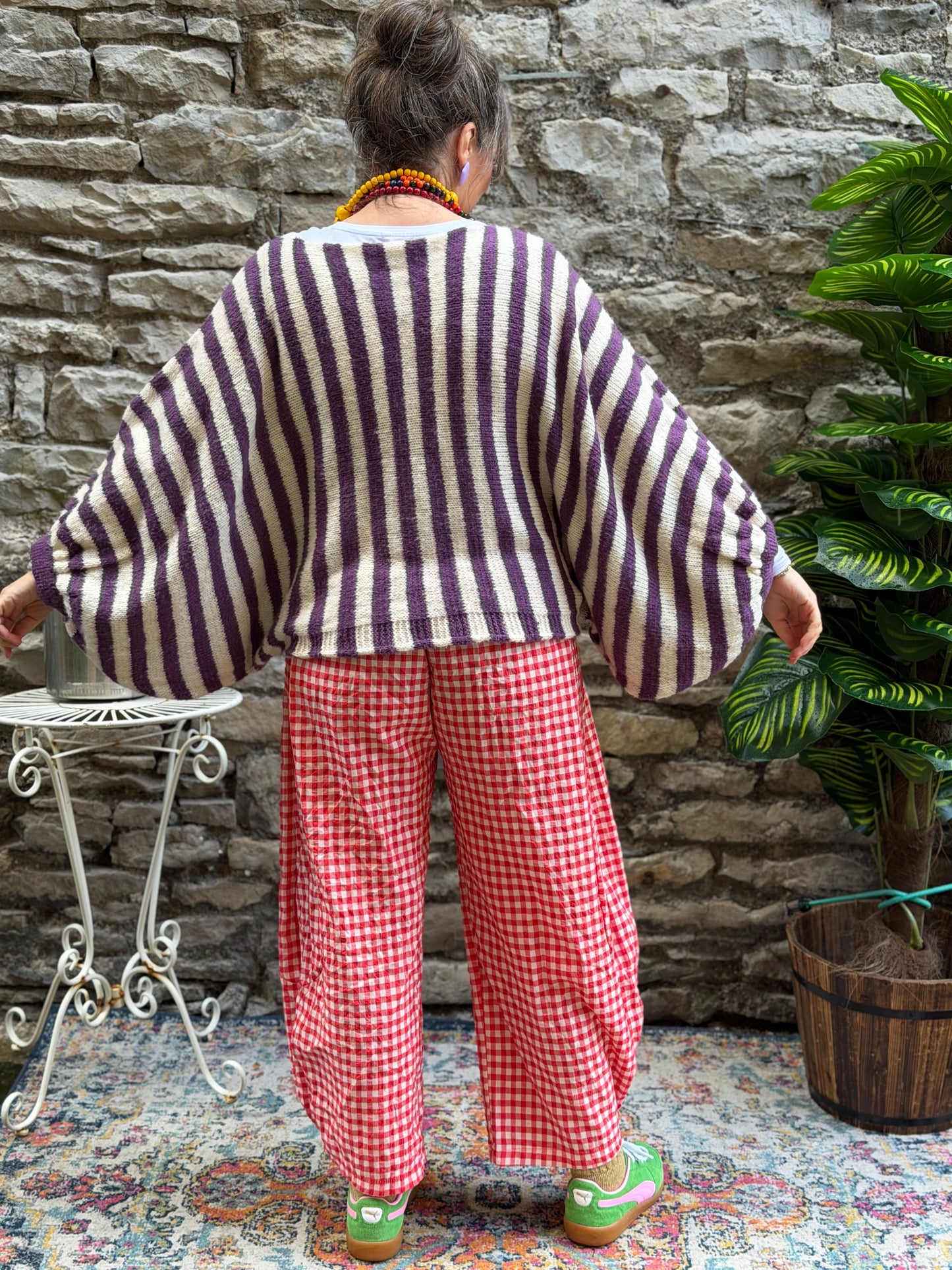 Stunning Kiwa Striped Jumper With Puff Sleeves In Beige and Purple