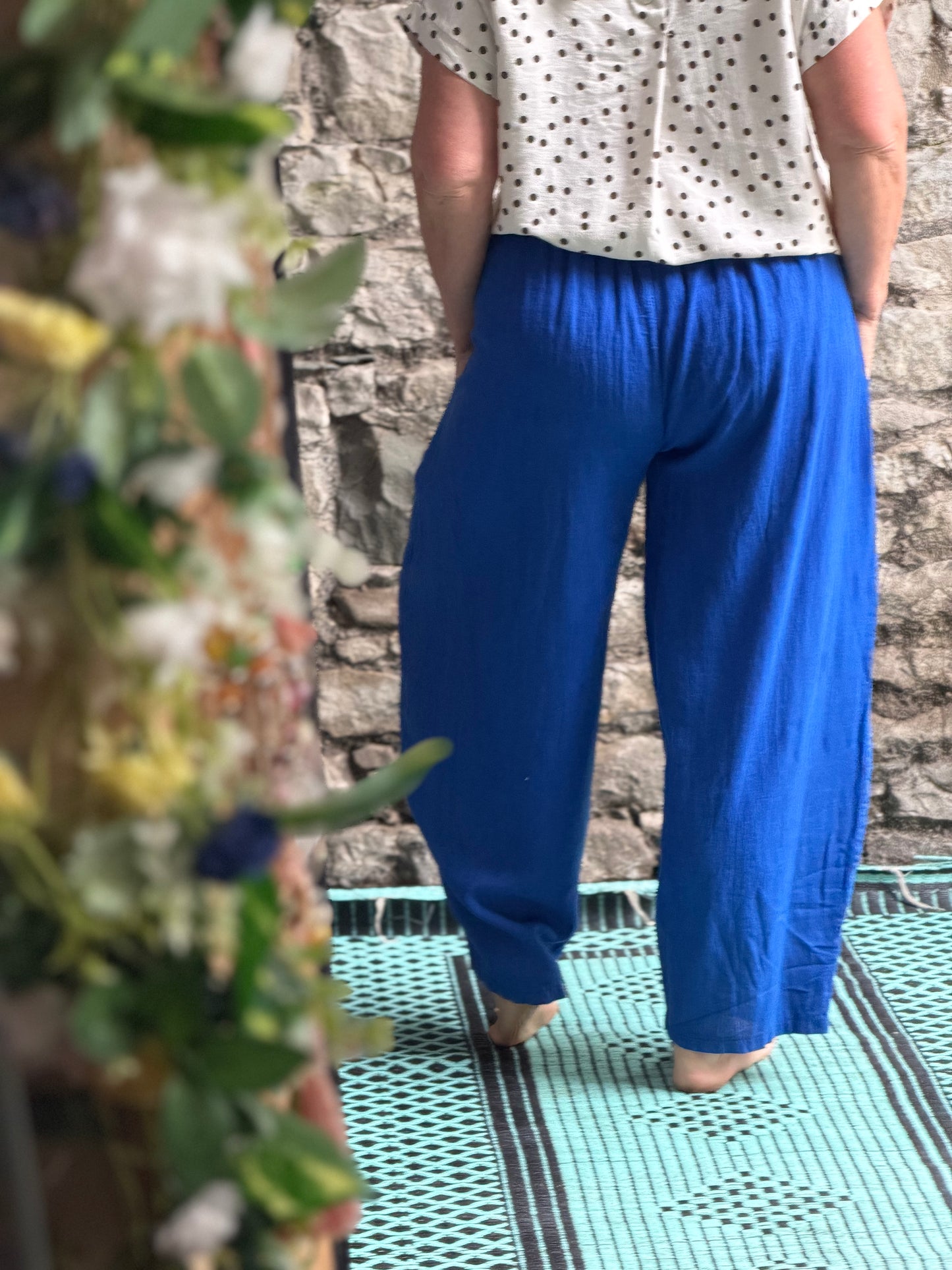 Pure Linen Two Pockets Cobalt Blue Linen Trousers Fits Size 10-18